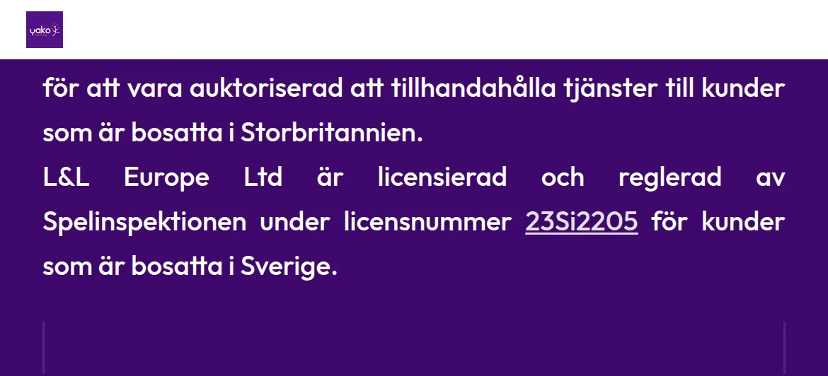 Licensinformation på Yakocasinos sajt med Spelinspektionen och licensnummer