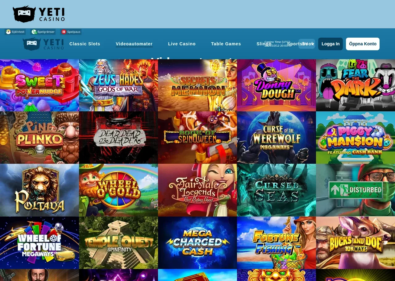 Yeticasinos spellobby med slots och andra spelrutor