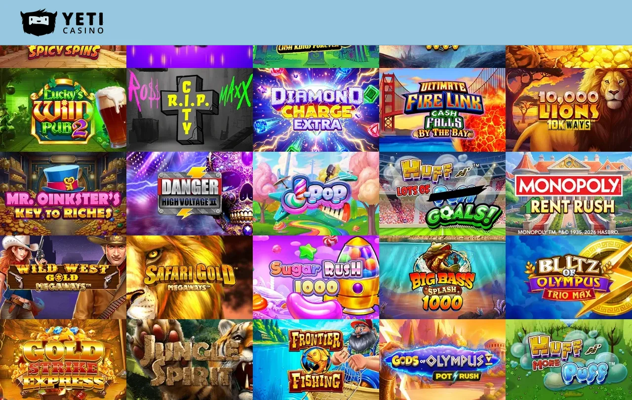 Nedersta delen av Yeticasinos spellobby