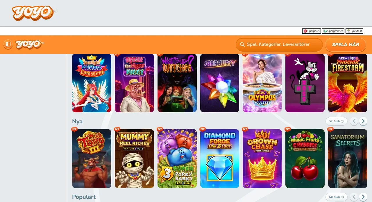 Yoyocasinos startsida med spellobby och jackpottsummor i kronor
