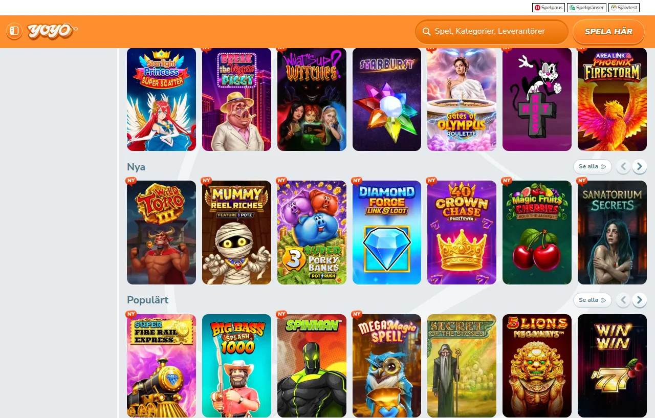 Yoyocasinos startsida med spelkategorier och jackpottsummor i kronor